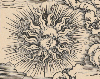 Sol flamígero antropomorfo en el dial de 12 de los relojes